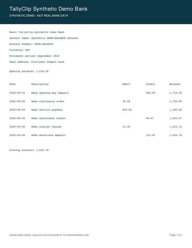 Synthetic sample statement: Opening, running and closing balances agree