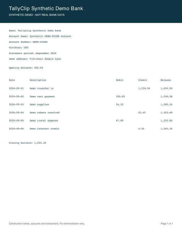 Synthetic sample statement: Debit, credit and signed amount together