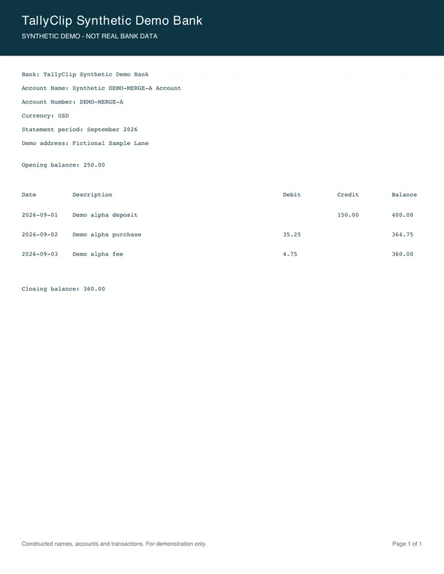 Synthetic sample statement: Two PDF files in one source-aware CSV